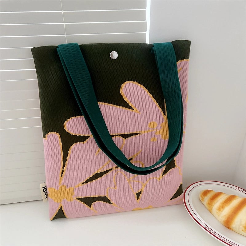 Women's Medium Knit Cartoon Flower Cute Square Lock Clasp Underarm Bag