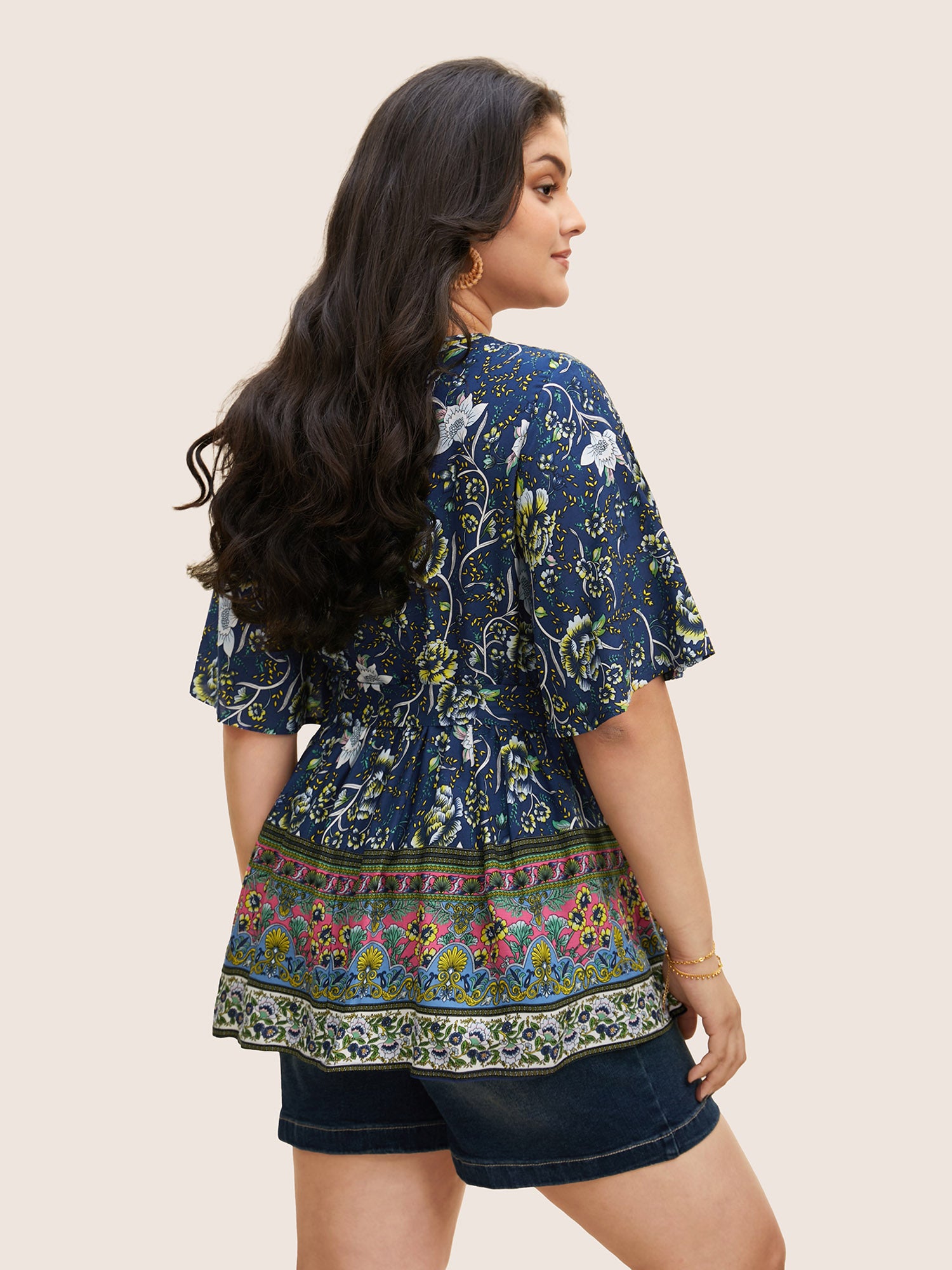 Floral Print Ruffles Belted Blouse