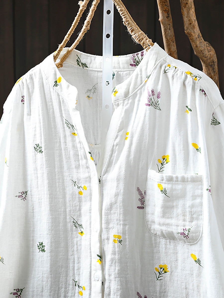 Women Summer Artsy Floral V-Neck 100%Cotton Shirt