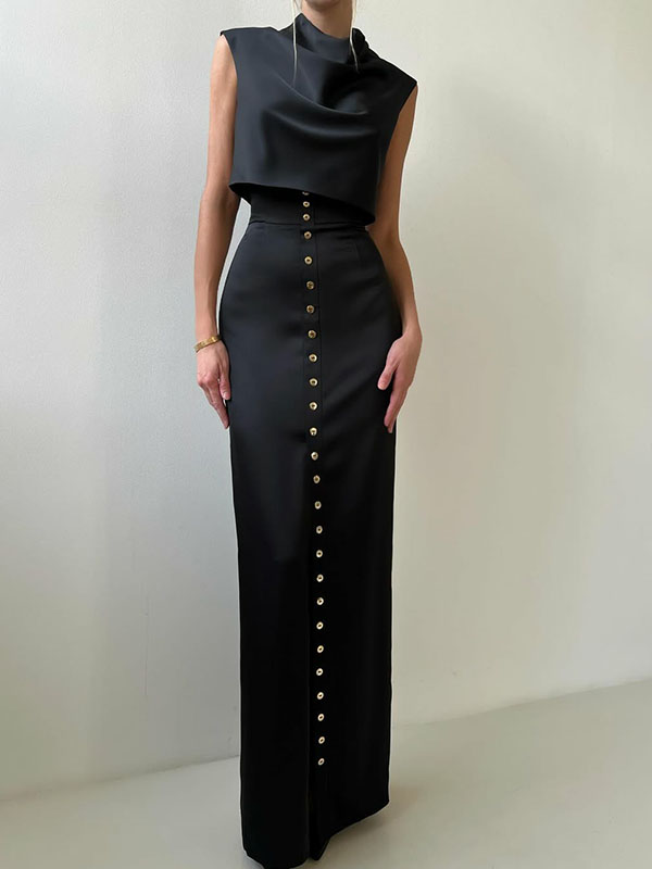 Sleeveless Buttoned Solid Color Split-Front Heaps Collar Tank Top&Skirts Bottoms  Two Pieces Set
