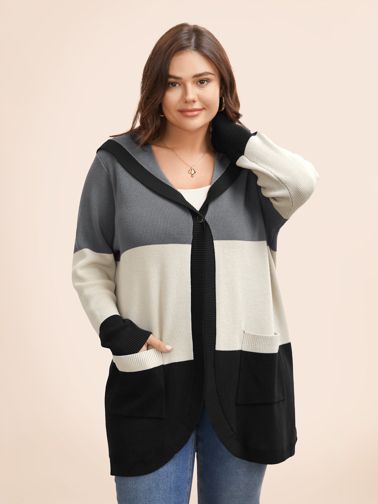 Colorblock Contrast Patched Pocket Hooded Cardigan