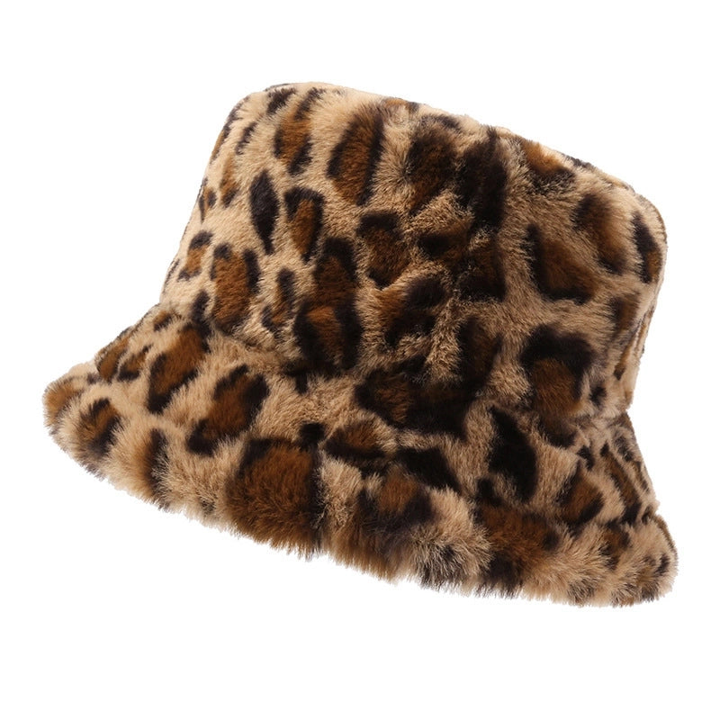 Hat Women's Winter Face-looking Leopard Print Fisherman Hat Women's Warm Basin Hat Plush Bucket Hat