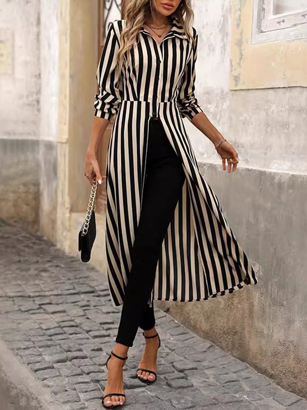 Long Sleeves Loose Buttoned Split-Front Split-Joint Striped Lapel Blouses&Shirts Tops
