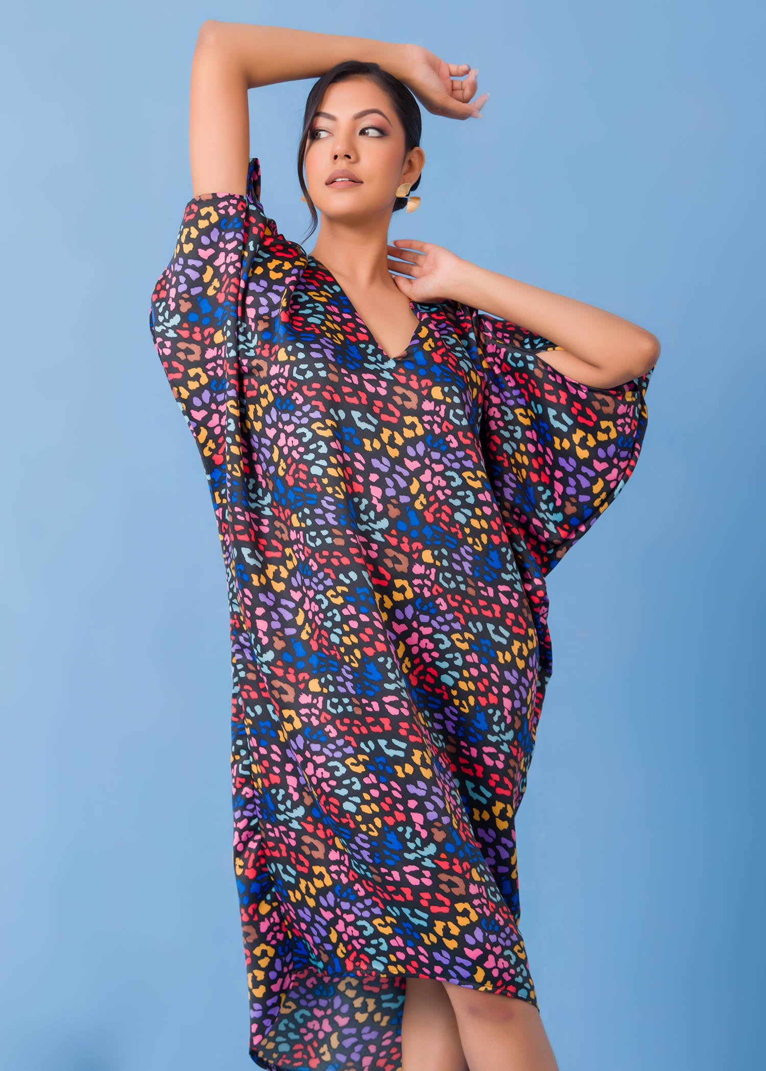 V Printed Neck Kaftan Dress