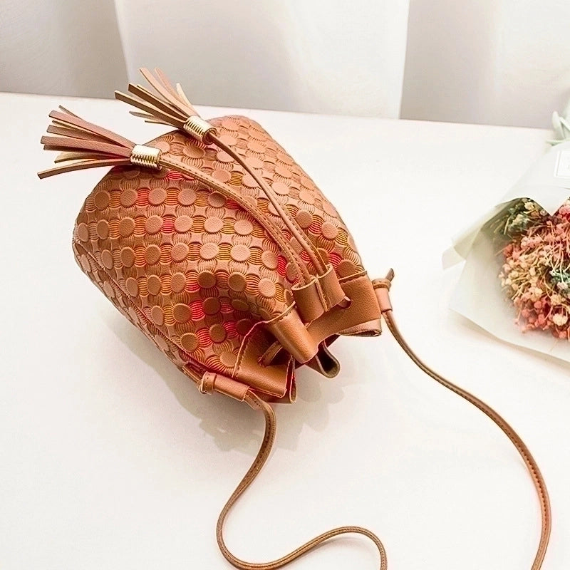 Fashion Embossed Double Tassel Bucket New Crossbody Shoulder Bag