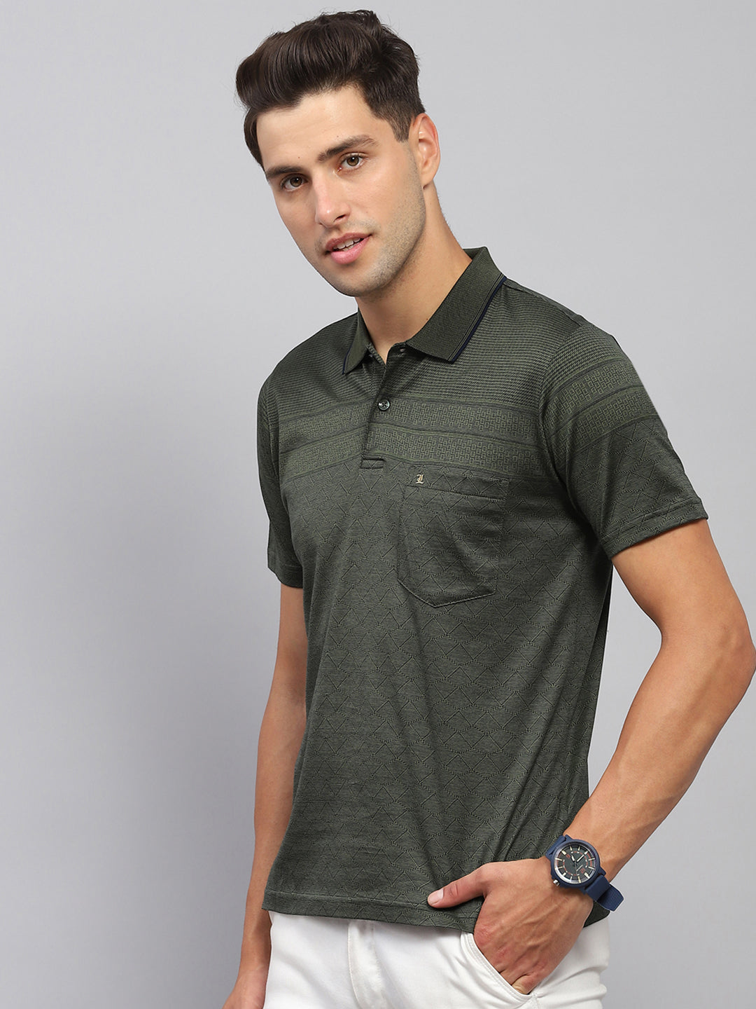 Men Olive Self Design Collar Half Sleeve T-Shirt