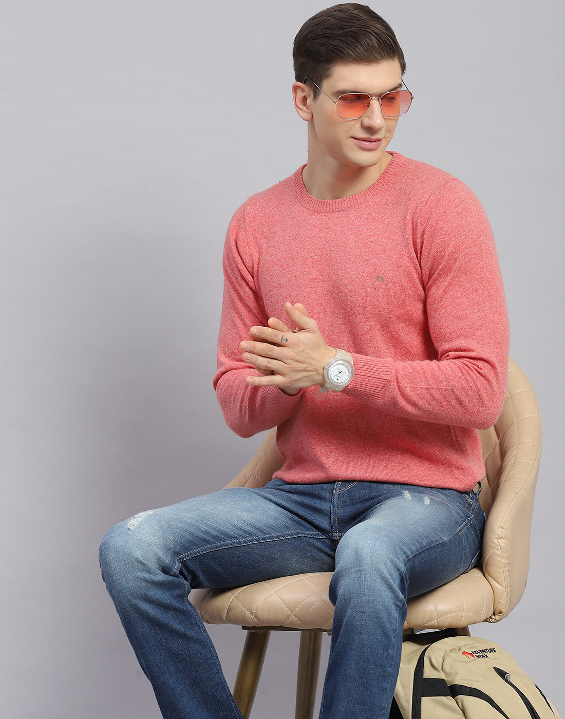 Men Pink Solid Round Neck Full Sleeve Pullover