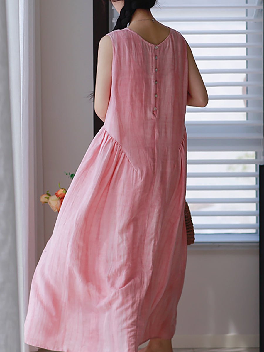 Women Summer Casual Pure Color O-Neck Linen Vest Dress