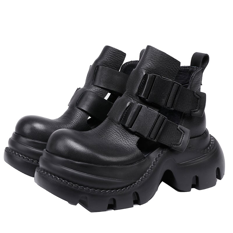 65mm Chunky Platform Cow Leather Ankle Boots Sandals with Double Buckle Black/Brown