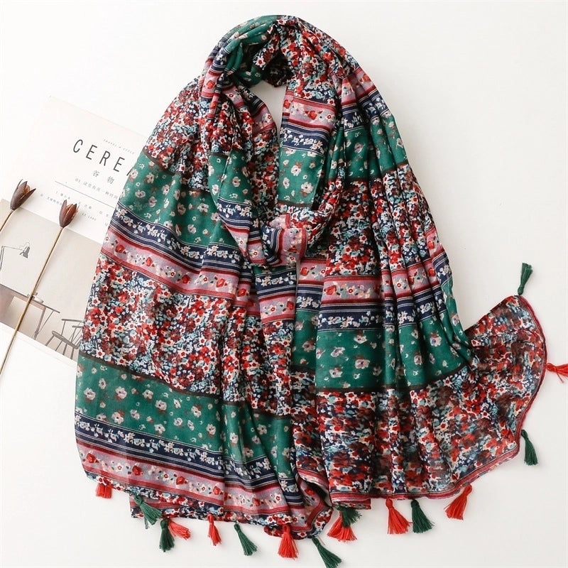 Yarn Cotton Fruit Green Bright Yellow Leaf Printing Tassel Scarf Shawl