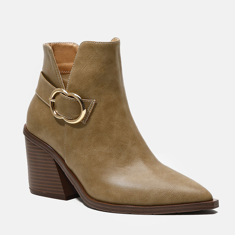 Metal Buckle Pointy Toe Chunky Heels Slit Ankle Boots