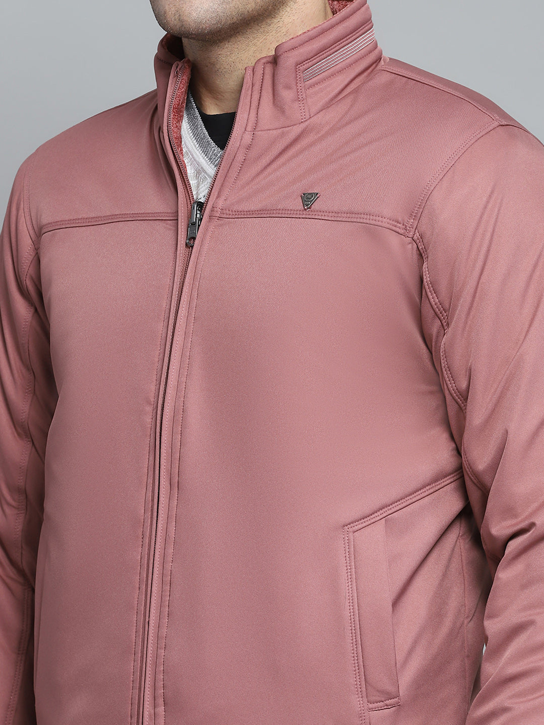 Men Pink Solid Mock Neck Full Sleeve Jacket