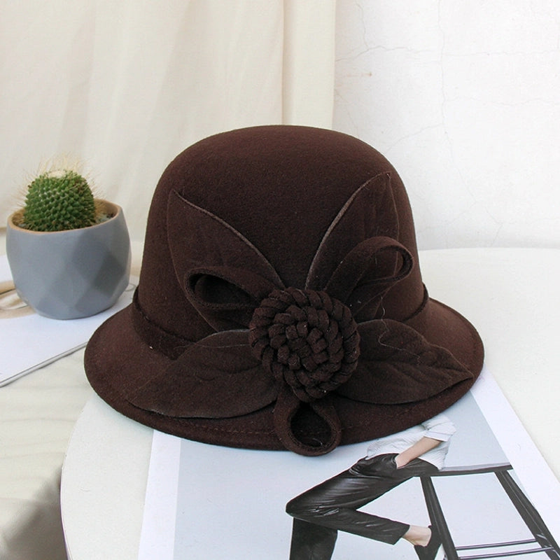 Autumn And Winter Woolen Top Hat Women's Dome Top Hat Solid Color Woolen Hat  Fashion Flower Lady Temperament Basin Hat