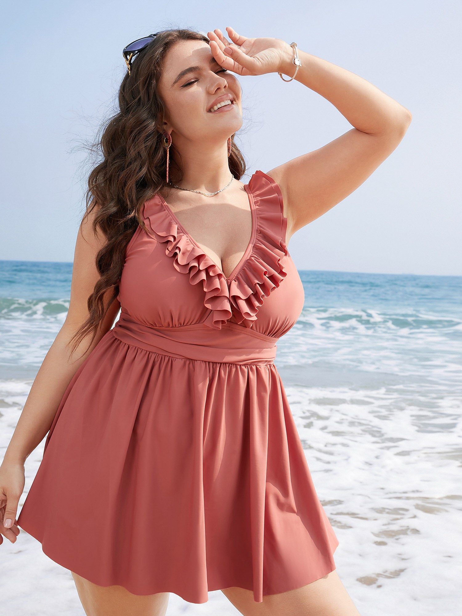 Ruffle Trim Adjustable Straps Gathered Sculpt Waist Swim Dress