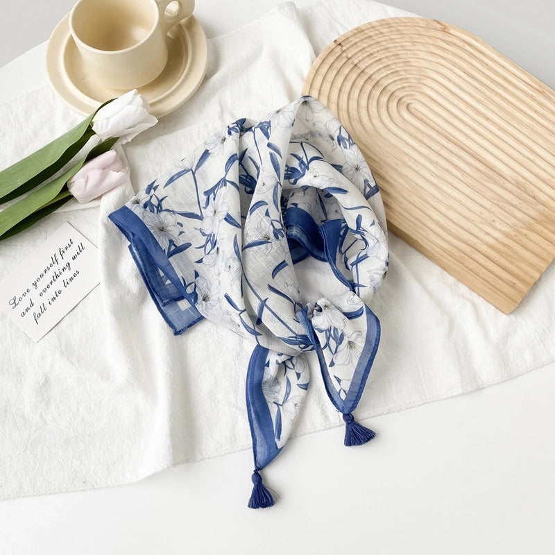Women's Casual Minimalist Flower Cotton Printing Silk Scarf Kerchief
