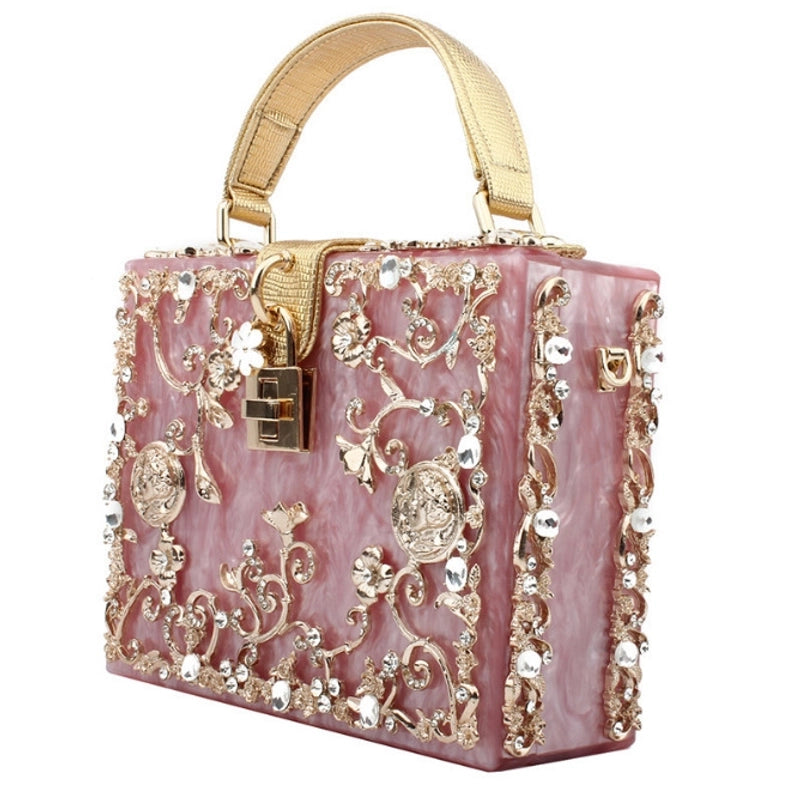 Black White Gold Arylic Flower Hollow Square Evening Bags