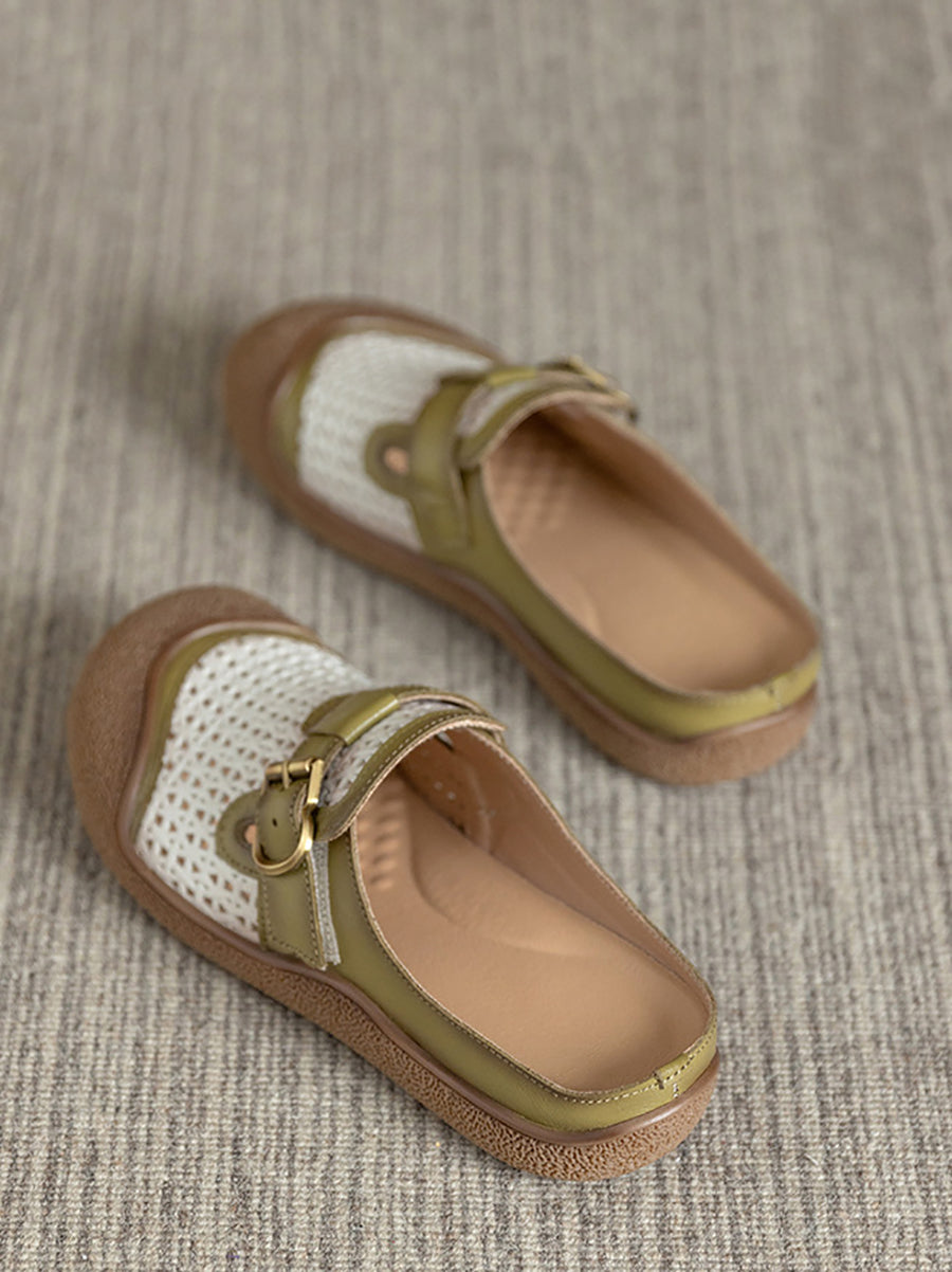 Women Summer Colorblock Leather Flat Slippers