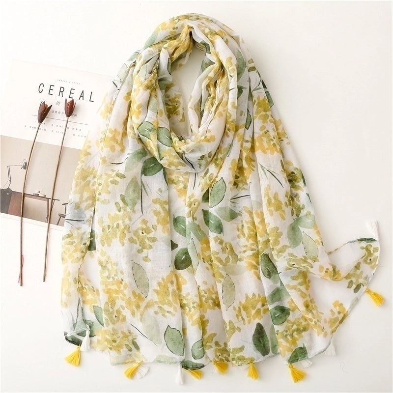 Yarn Cotton Fruit Green Bright Yellow Leaf Printing Tassel Scarf Shawl