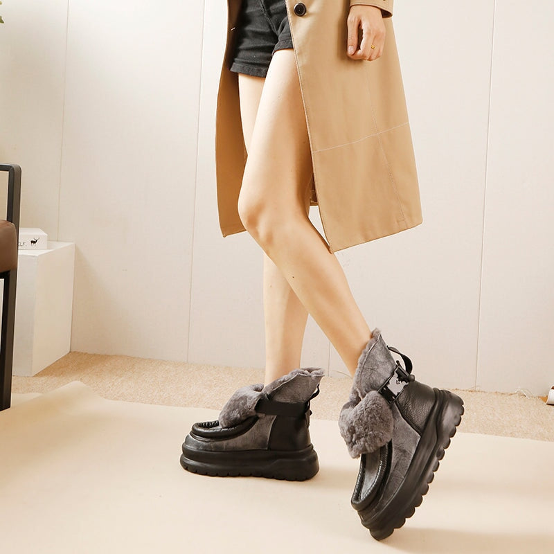 Soft Leather Warm Slip-On Ankle Boots Fleece Lined Platform Ankle Boots in Black&Gray