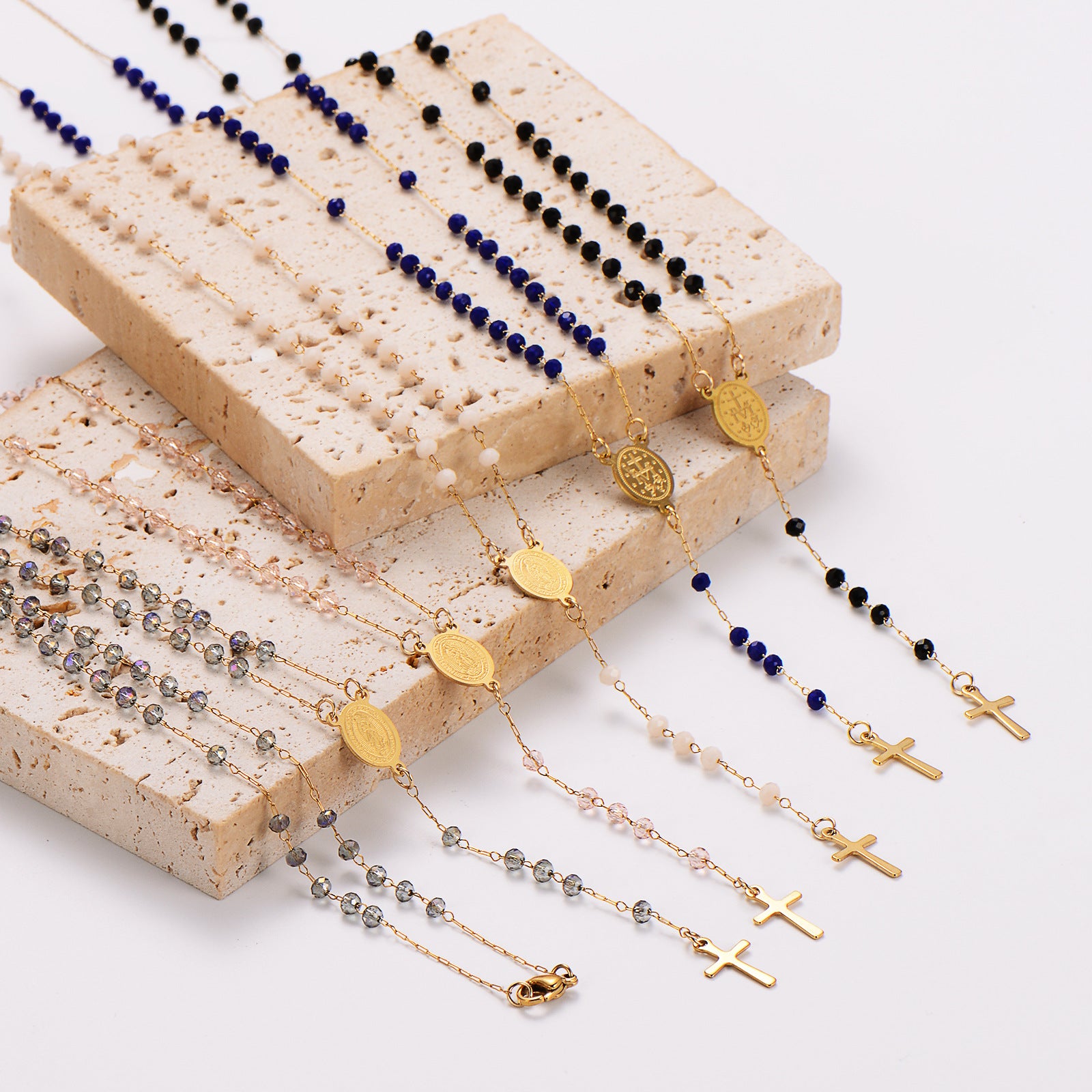 Aml Hot Sale Stainless Steel Beads Rice Bead Chain Clavicle Chain Cross Necklace