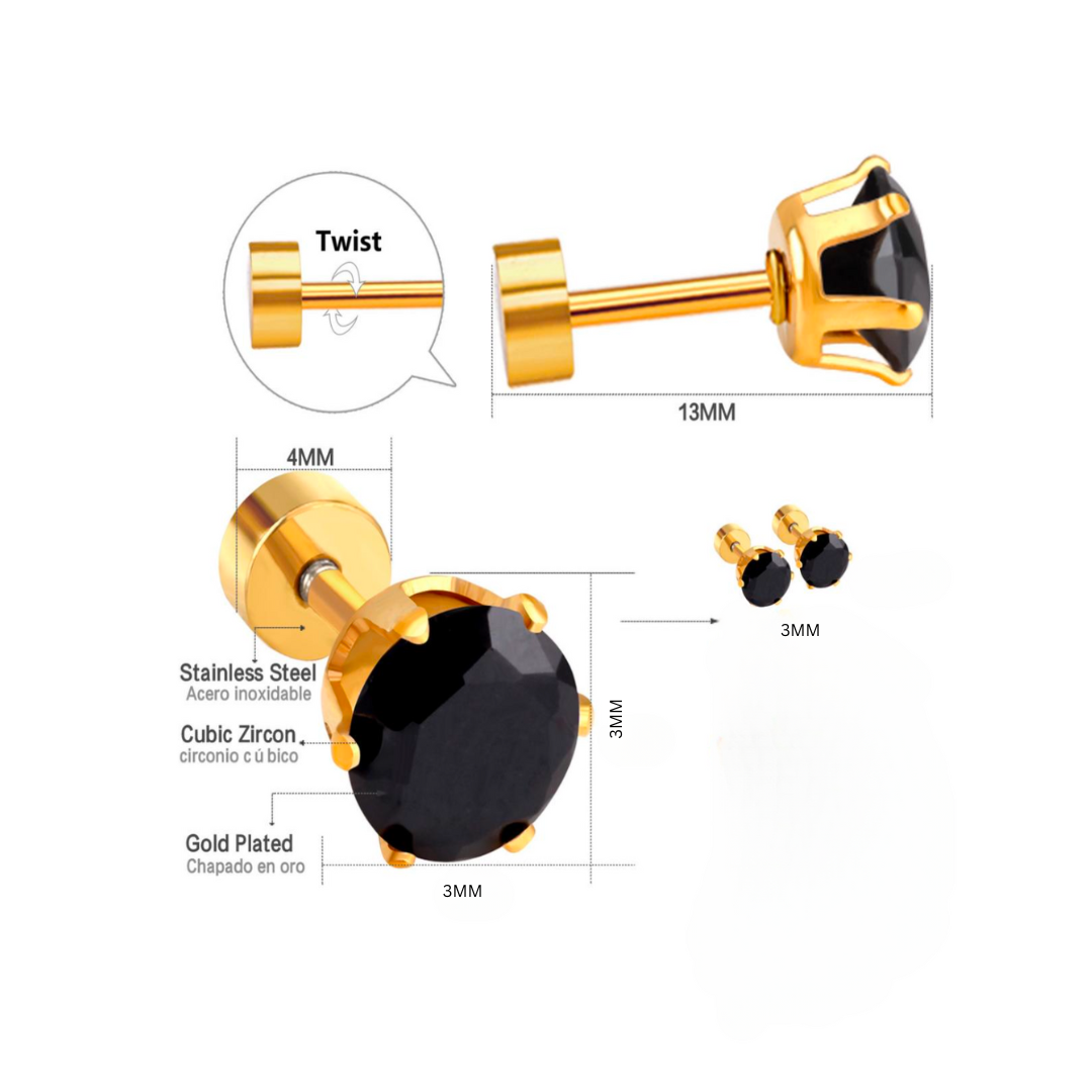 3mm Black diamond studs - Gold