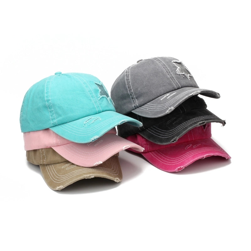 New Washed Old Baseball Cap Long Brim Sunshade Cap Cartoon Five-pointed Star Printed Outdoor Hat