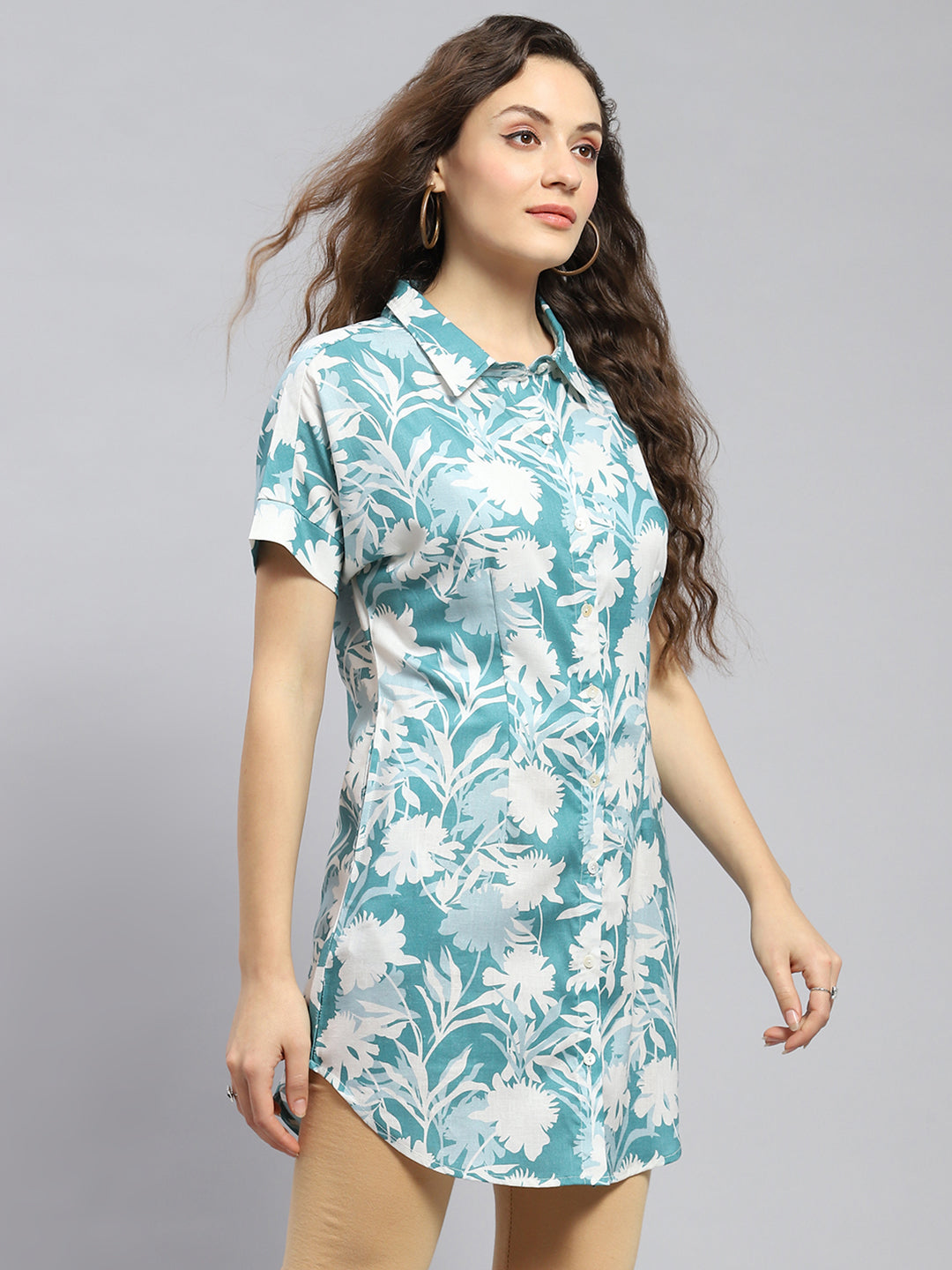 Women Teal Blue Printed Collar Half Sleeve Tunic