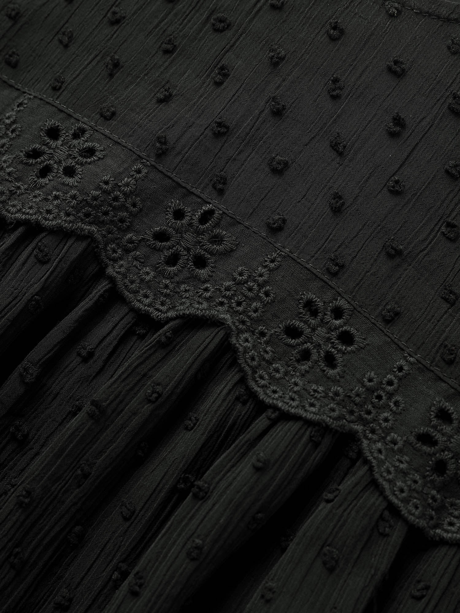 Solid Texture Lace Trim See Through Gathered Blouse