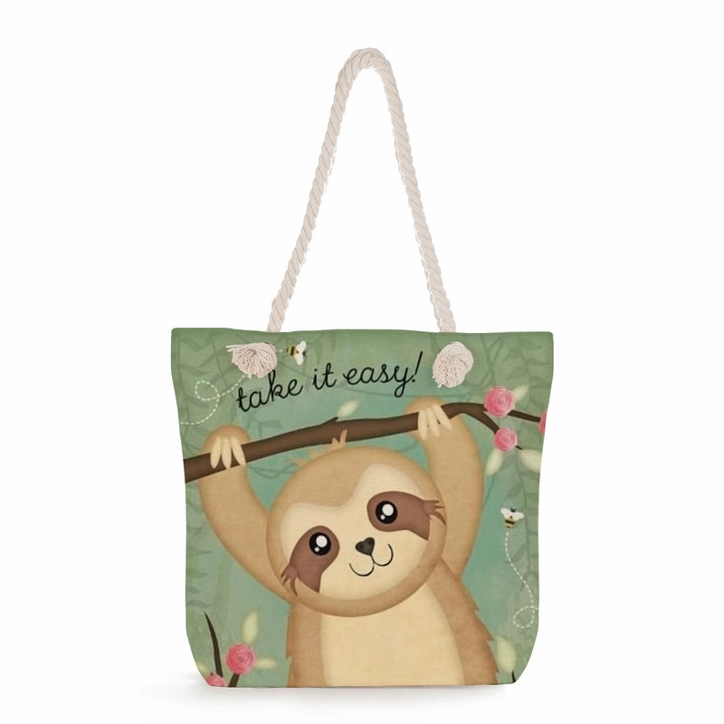 Women's Cotton And Linen Sloth Cute Square Zipper Tote Bag