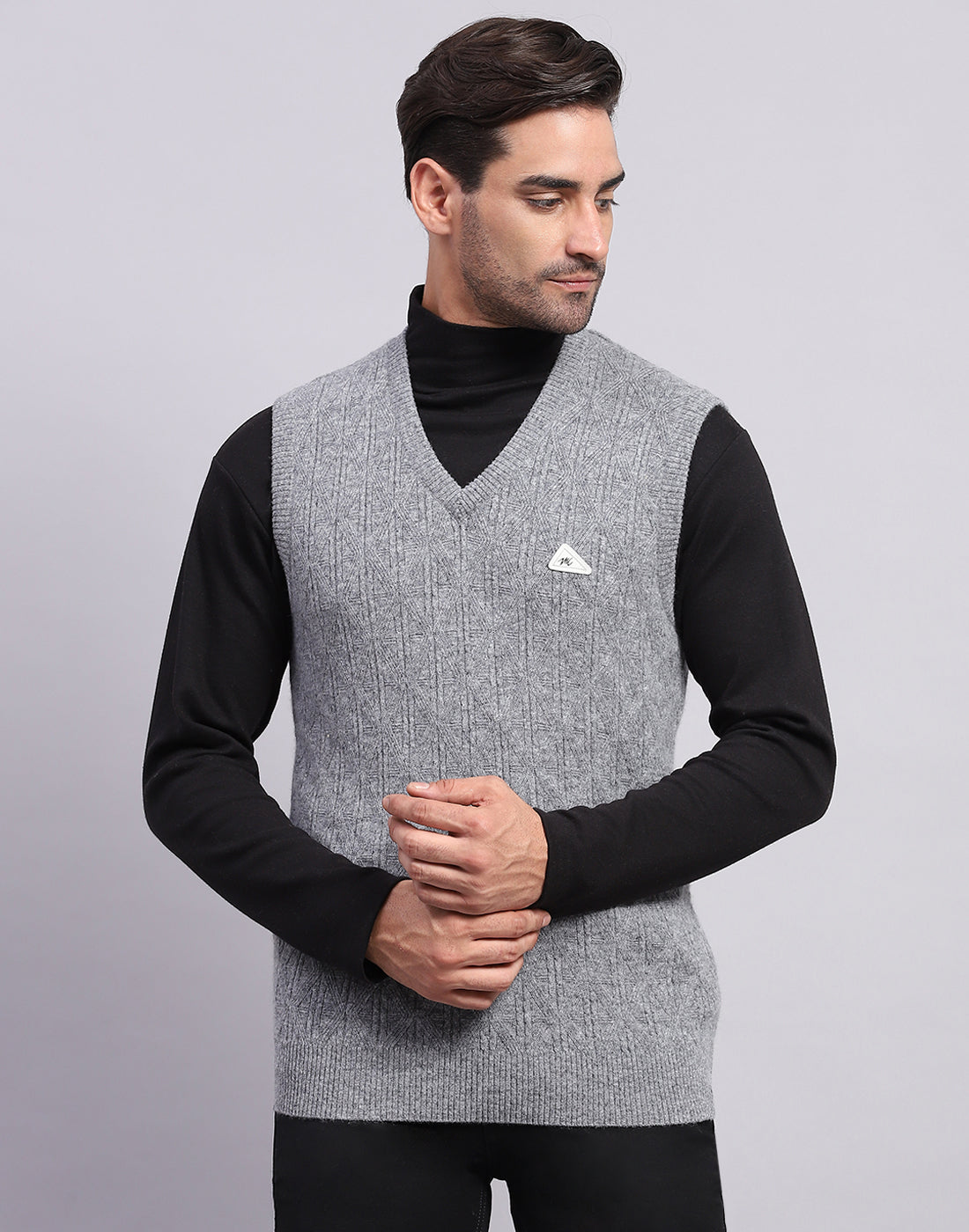 Men Grey Self Design V Neck Sleeveless Sweater