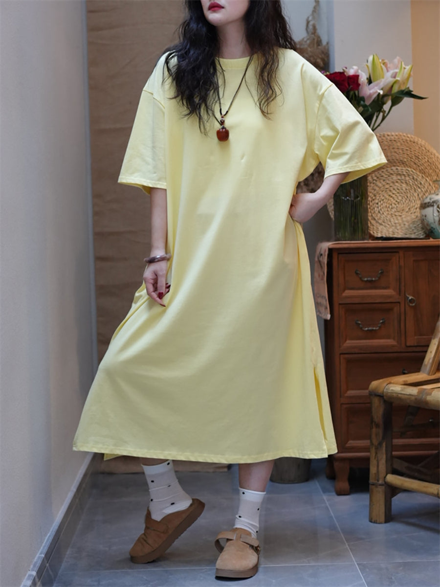 Women Summer Casual Pure Color O-Neck Cotton Dress