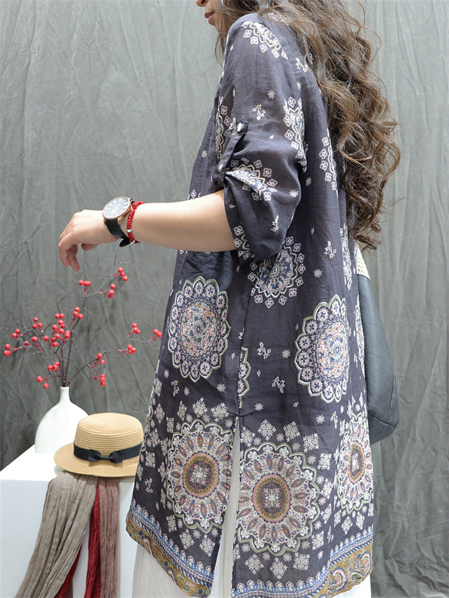Women Summer Retro Geometric V-Neck 100%Ramie Shirt