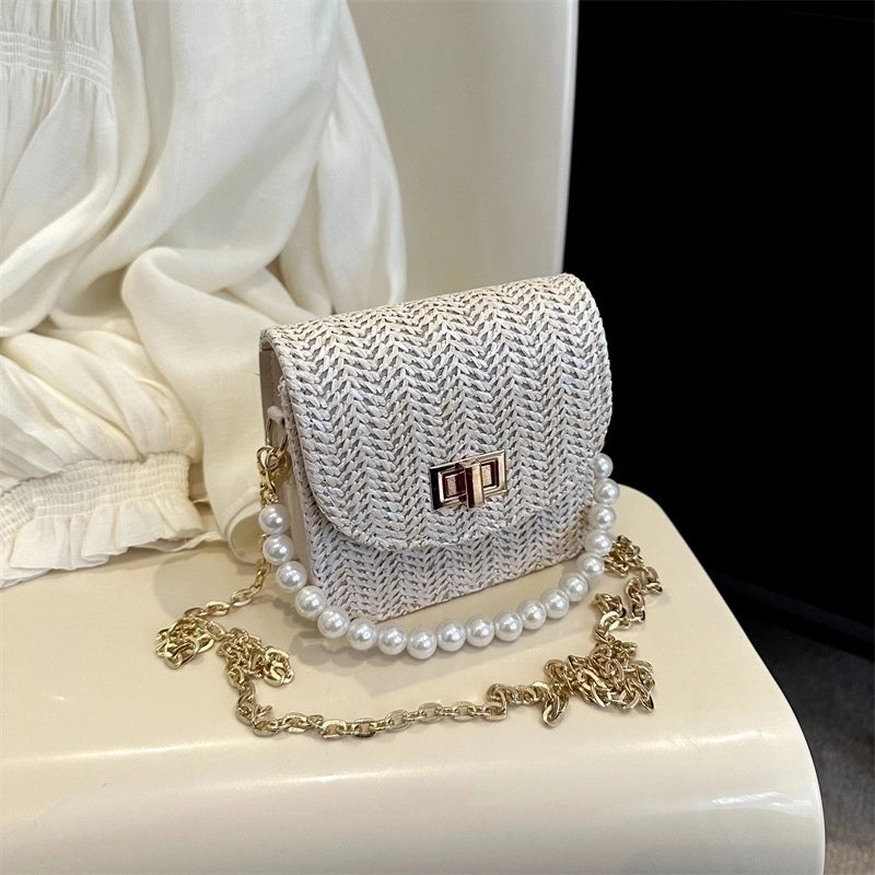 Women's Mini Straw Solid Color Elegant Pearls Lock Clasp Straw Bag