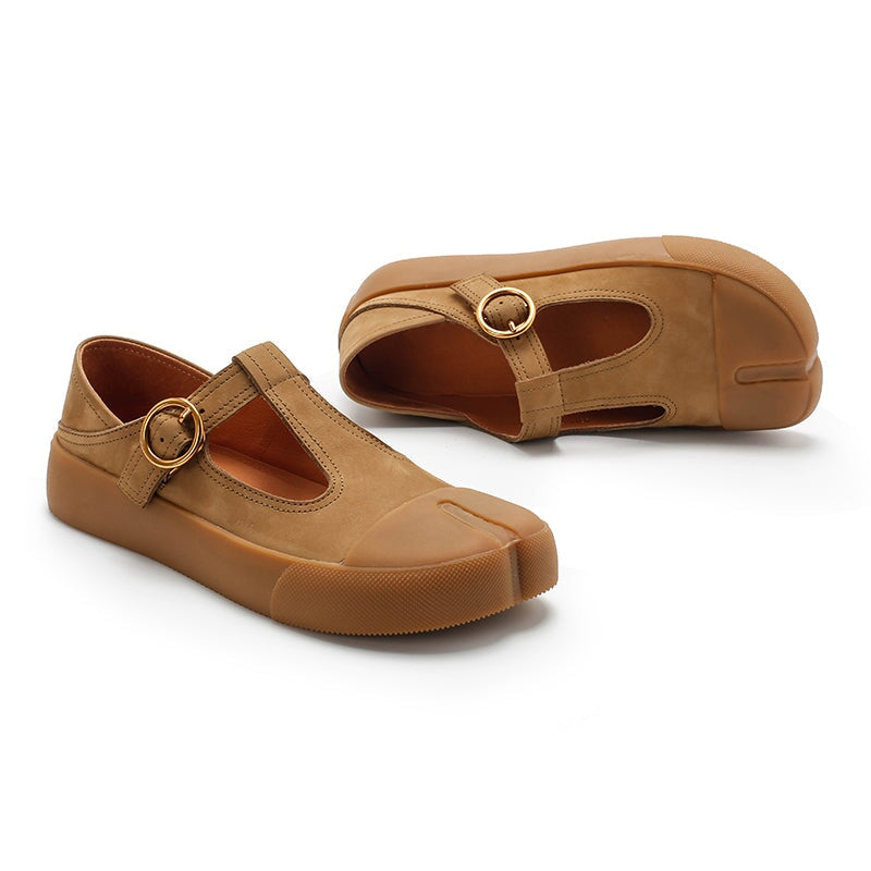Retro Leather Flat T Strap Mary Jane Shoes For Women Round Toe Khaki/Brown/Yellow/Cameo Brown