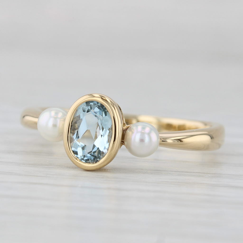 0.76ct Oval Aquamarine Cultured Pearl Ring 18k Yellow Gold Size 9