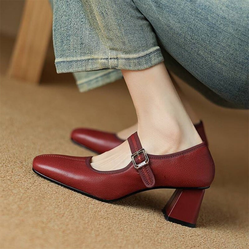 Vintage Sheepskin Square Toe 60mm Block Heel Mary Jane in Black/Wine Red