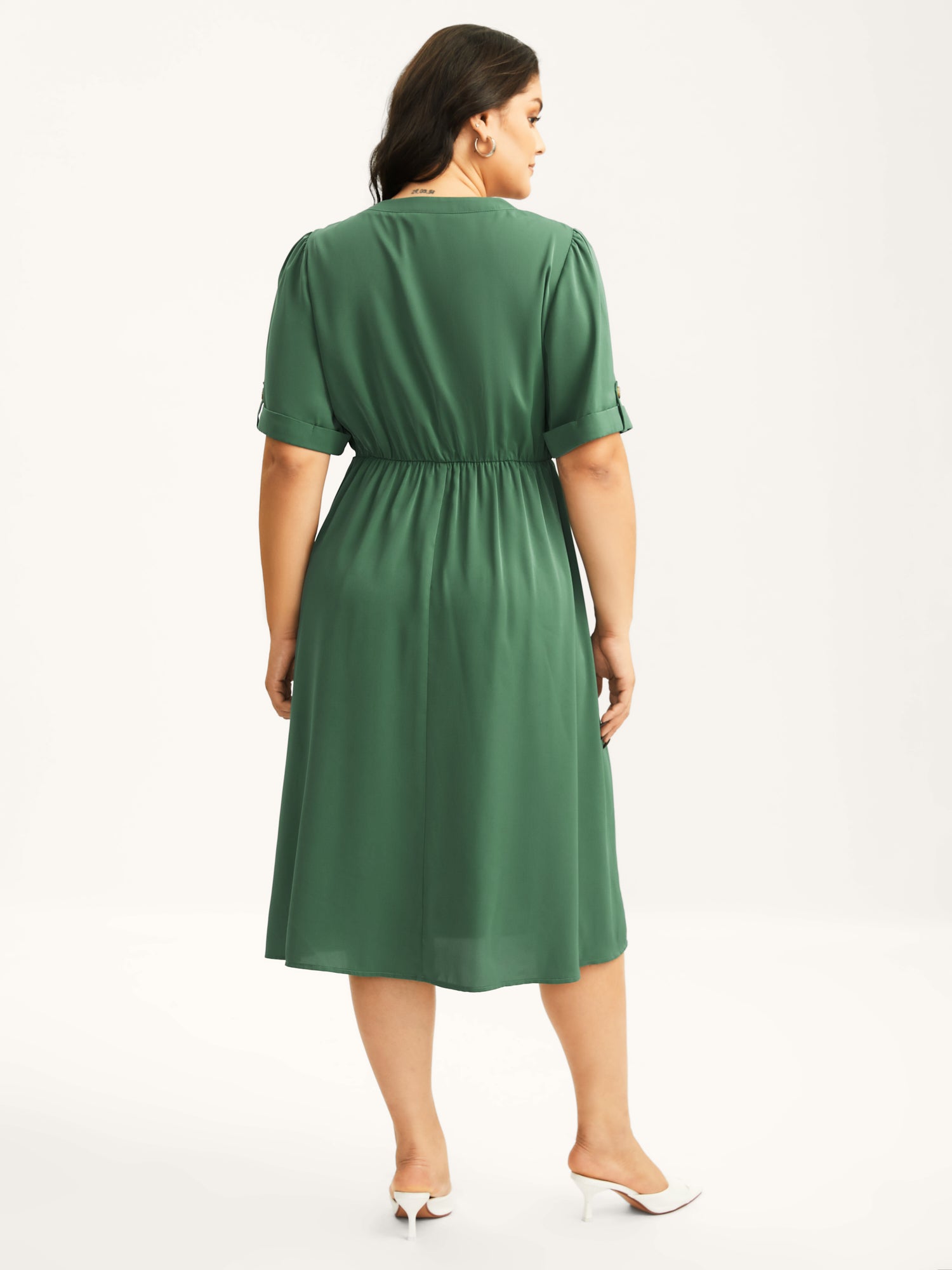 Shirred Neck Stretchy Waist Pockets Midi Dress