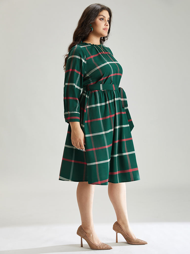 Plaid Stand Collar Gathered Belted Dress