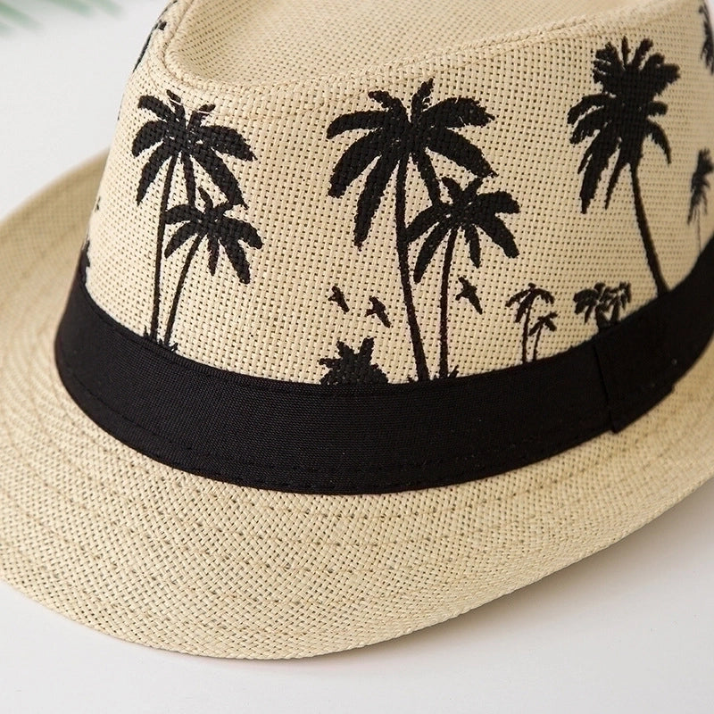 Unisex Pastoral Coconut Tree Printing Crimping Fedora Hat