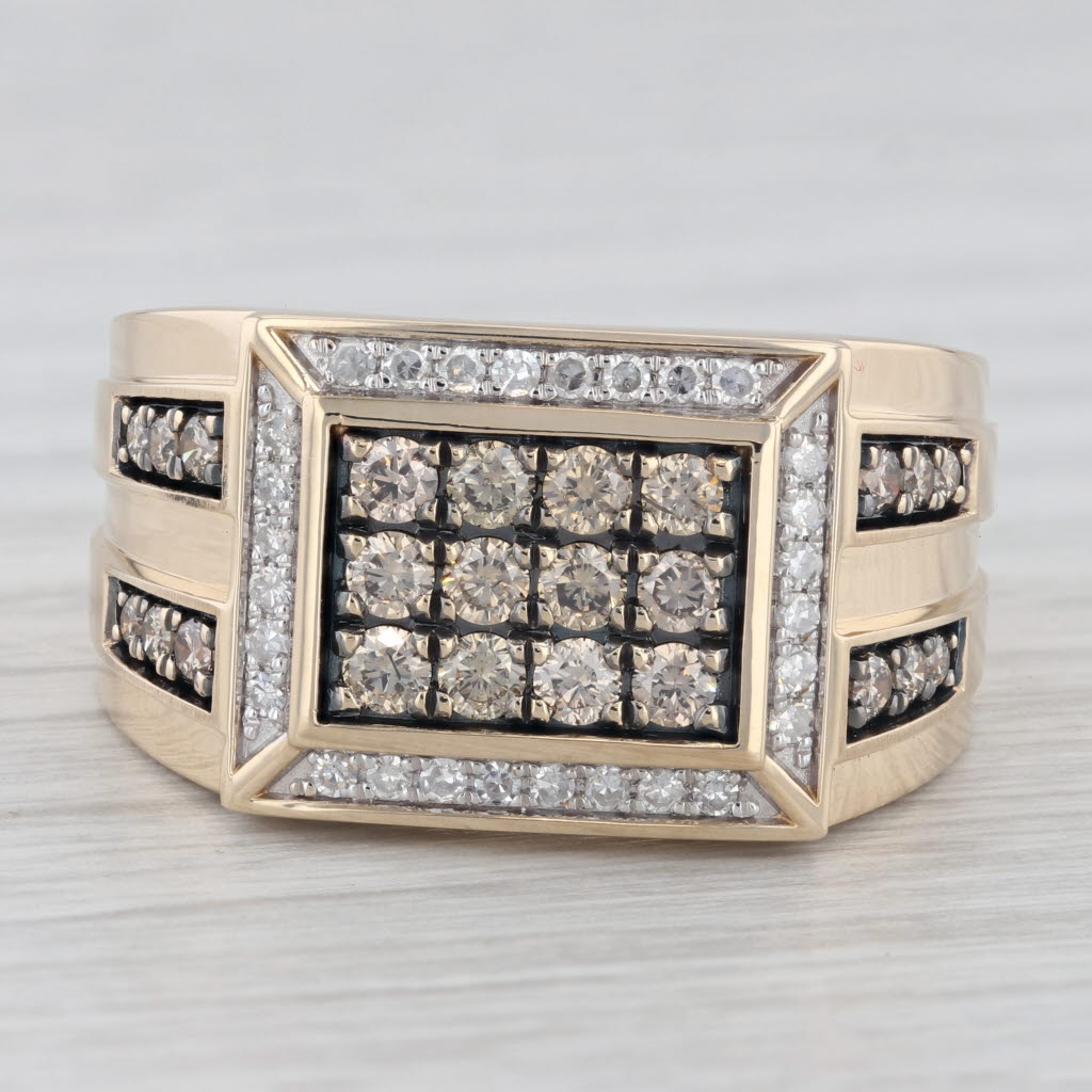 1ctw Brown White Diamond Cluster Halo Ring 10K Yellow Gold Size 10.25 Men's