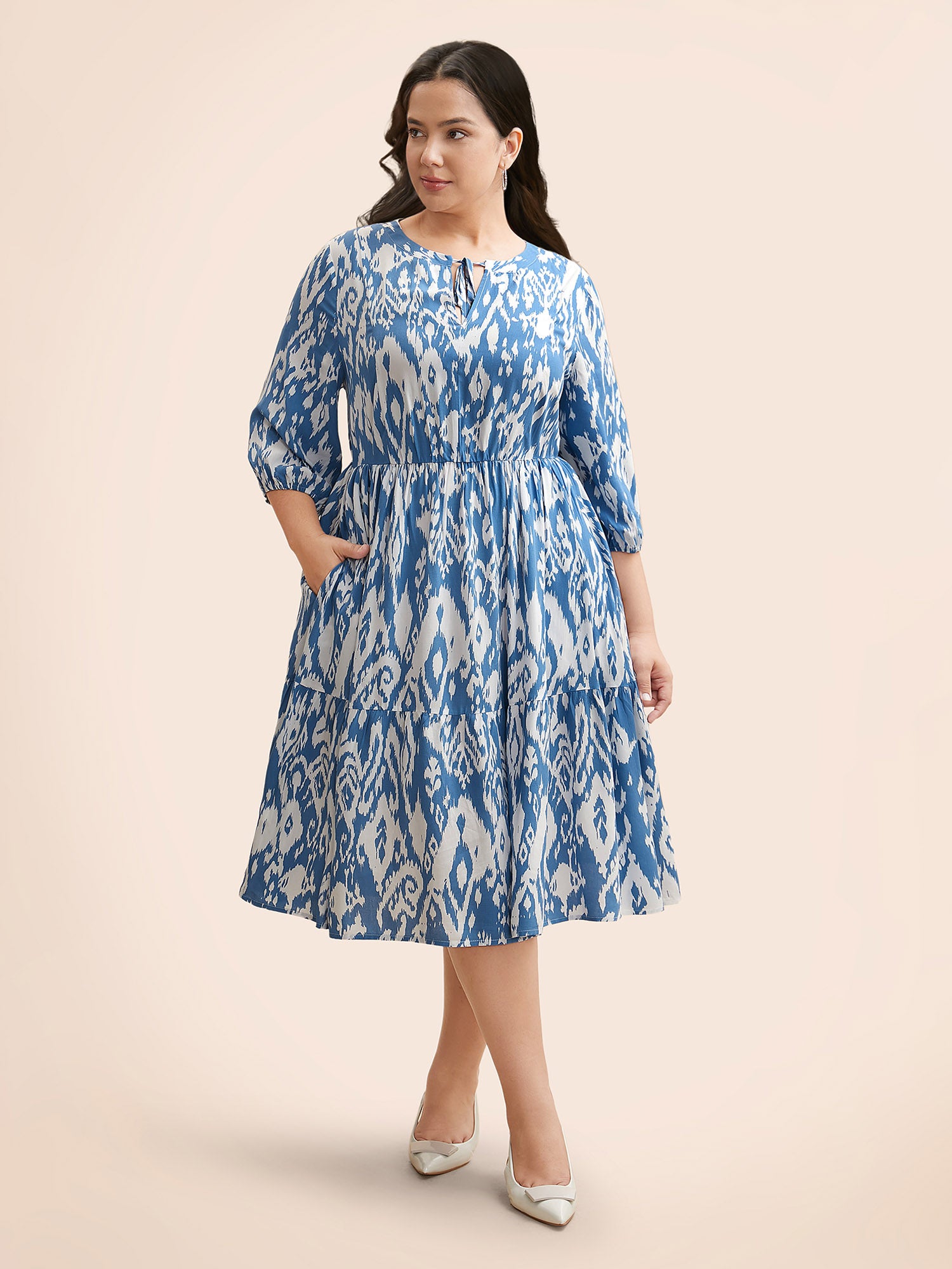 Boho Print Tie Knot Puff Sleeve Dress