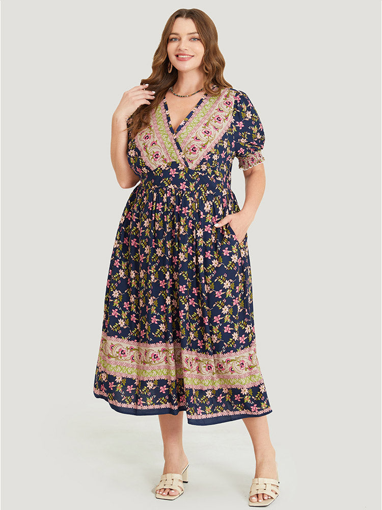 Bandana Print Surplice Neck Pocket Shirred Puff Sleeve Dress