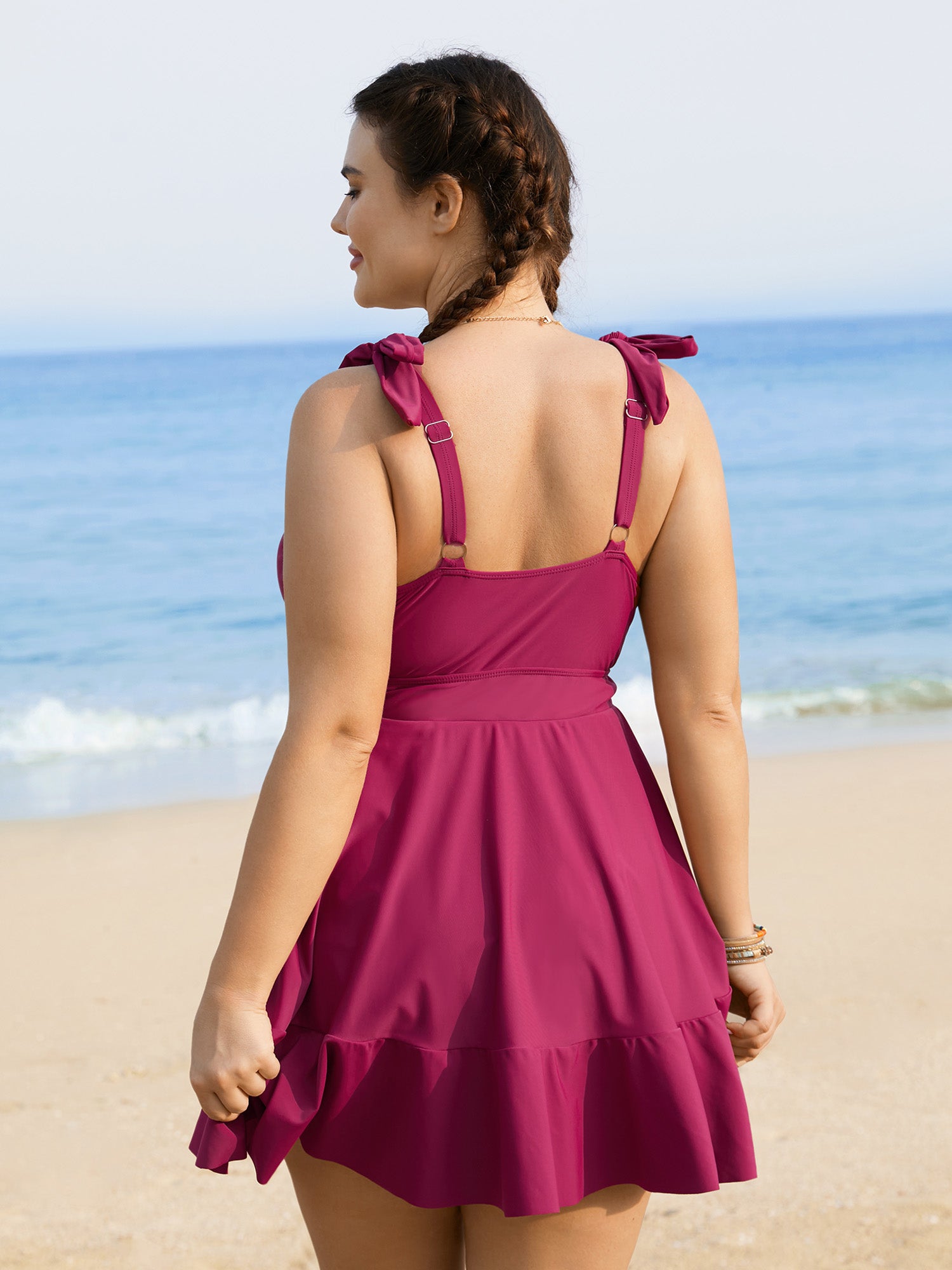 Solid Tie Knot Pocket Ruffles Swim Dress