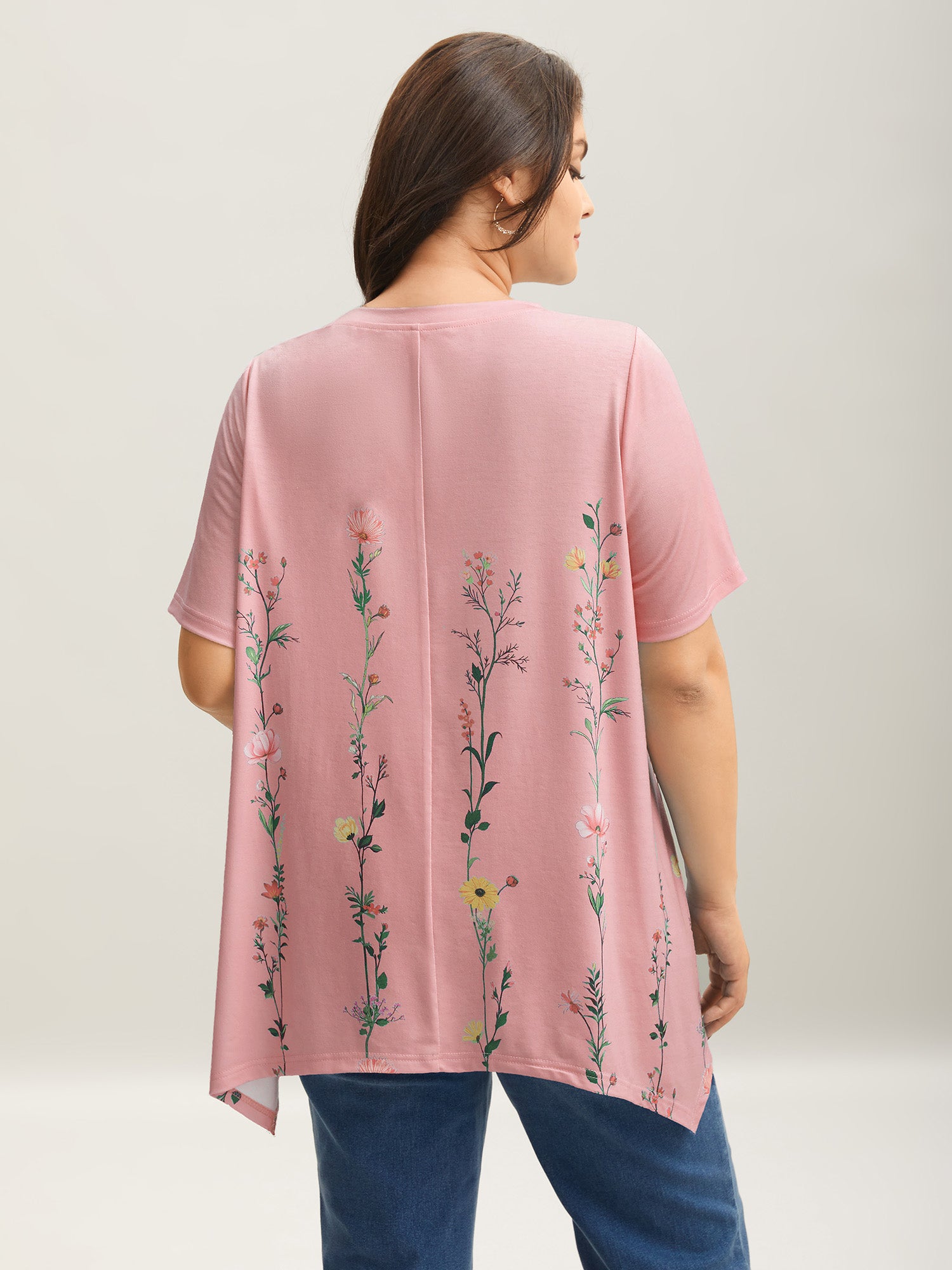 Stretchy Hi-Low Hem Floral T-Shirt