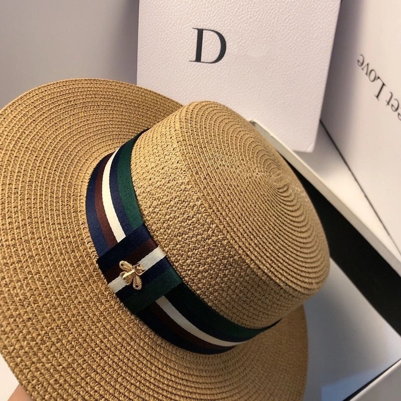 Hat Multi-color Striped Bee Flat Top Top Hat Summer Fashion Korean-style Travel Sunshade Straw Hat Women