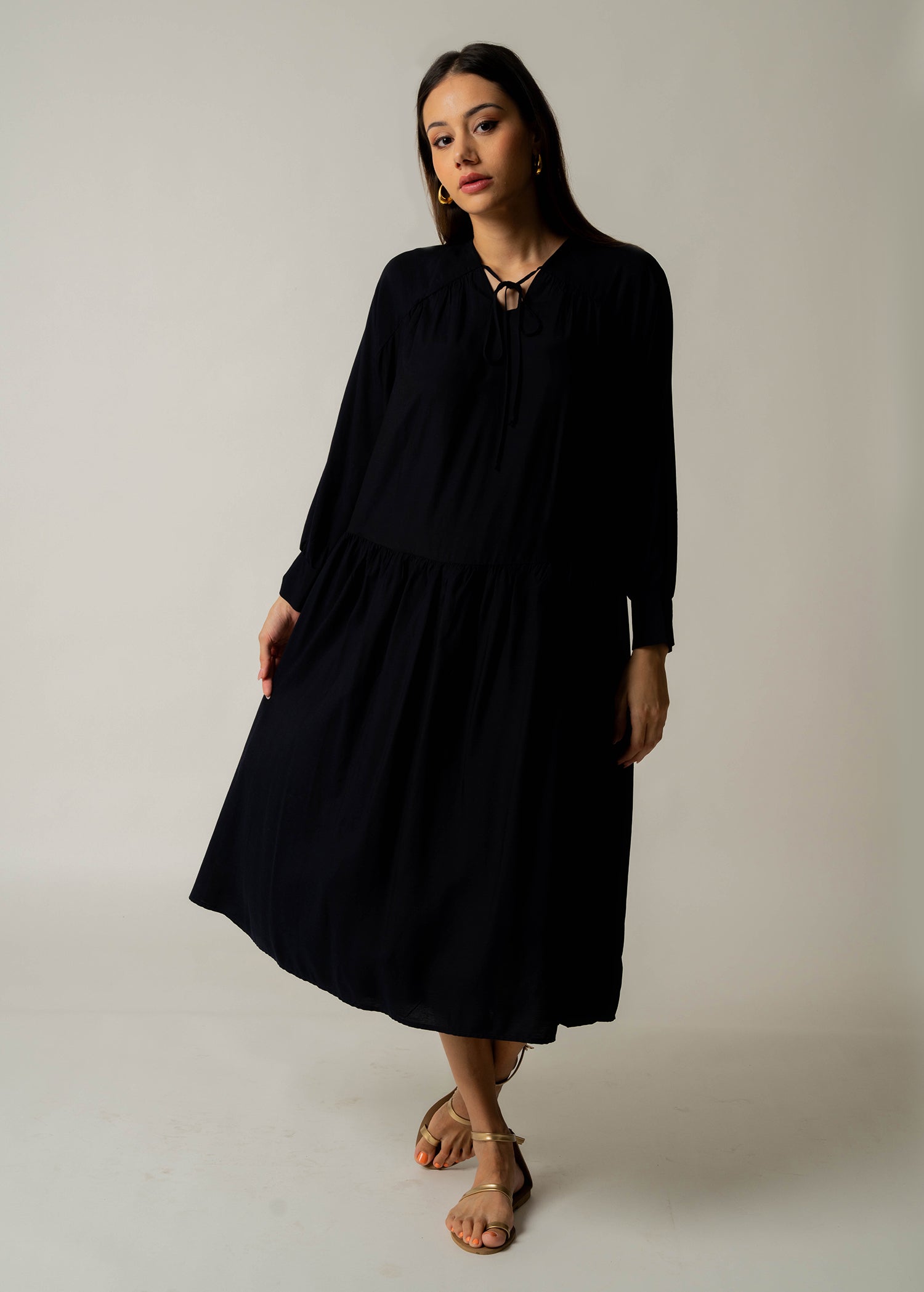 Drop waist long sleeve dress with front tie