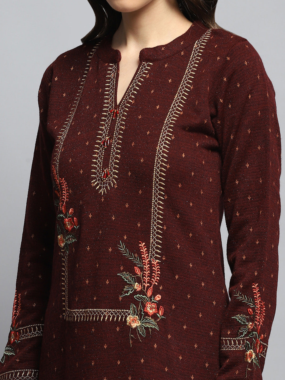 Women Maroon Self Design Round Neck Full Sleeve Kurti Set