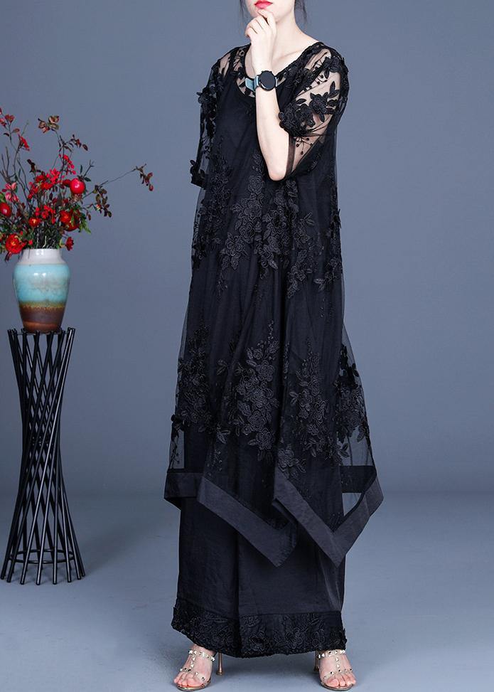 Summer Black Dress Wide Leg Pants Suspender Skirt Three Piece Set