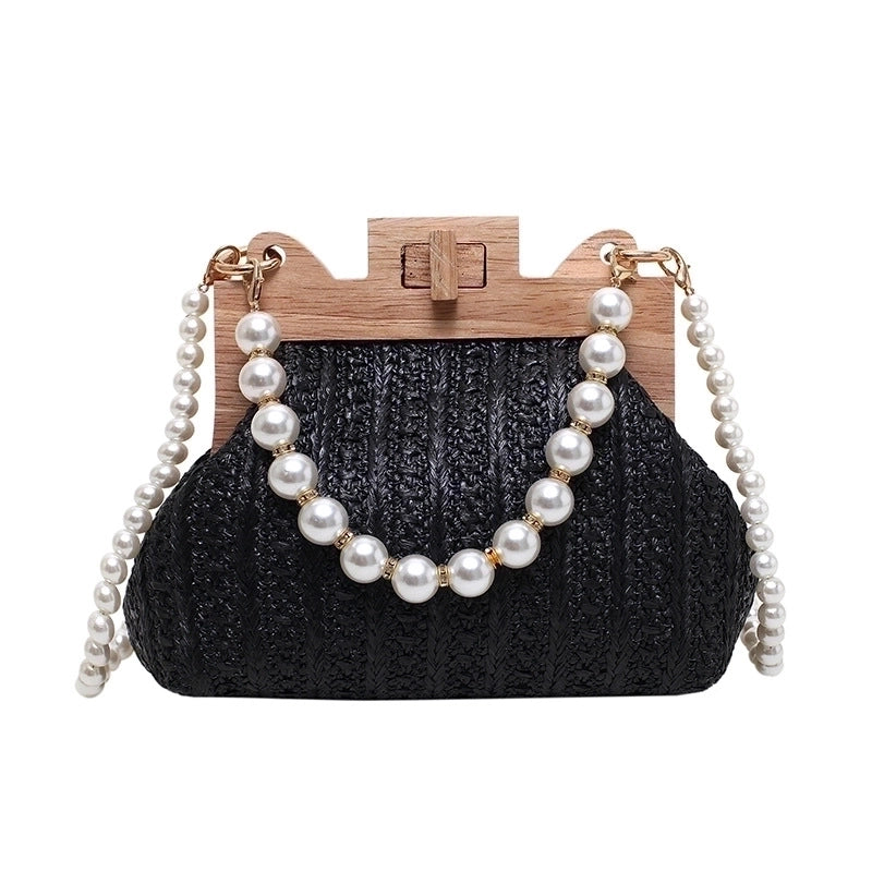 Women's Small Straw Solid Color Streetwear Pearls Lock Clasp Straw Bag