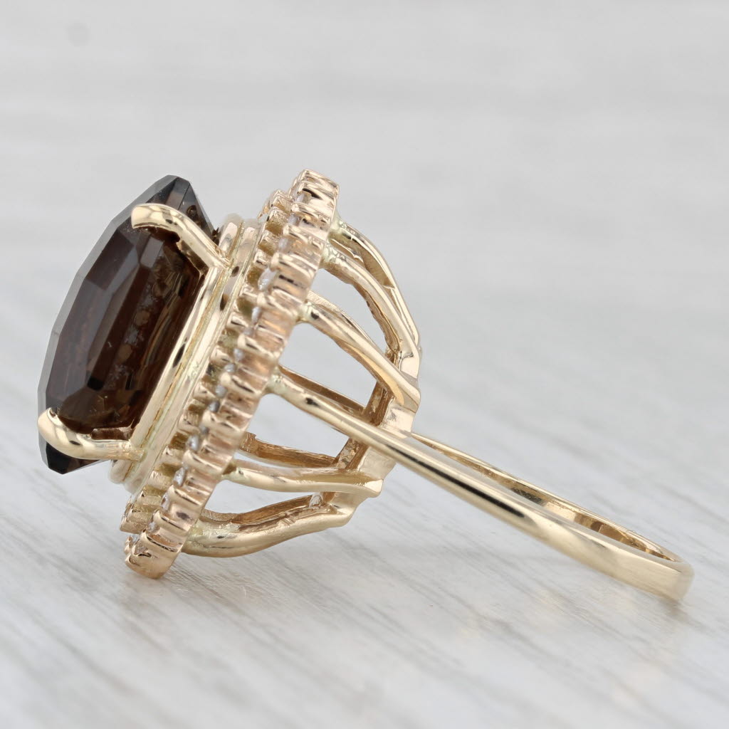18.4ctw Smoky Quartz Diamond Halo Ring 14k Yellow Gold Size 7 Cocktail